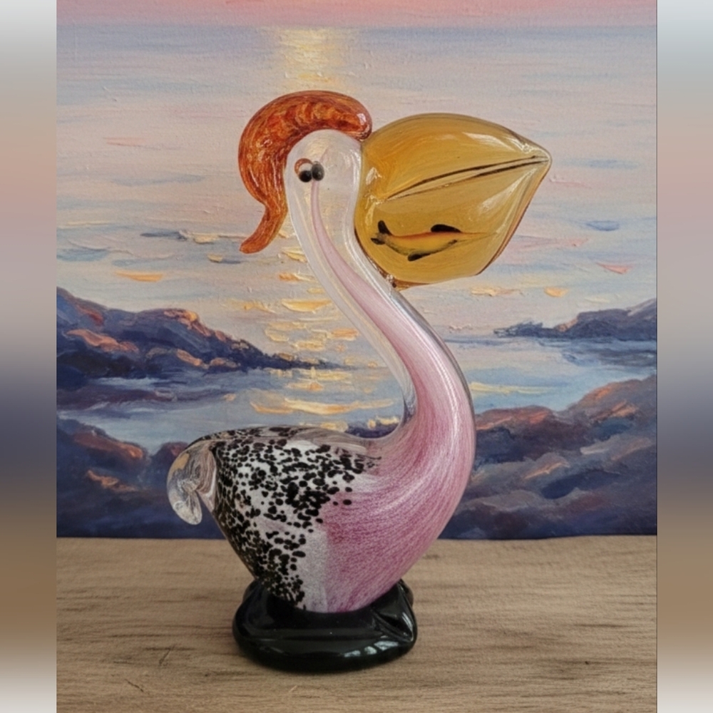 Vintage Murano Hand Blown Art Glass Pelican Bird Multicolo Figurine Paper Weight